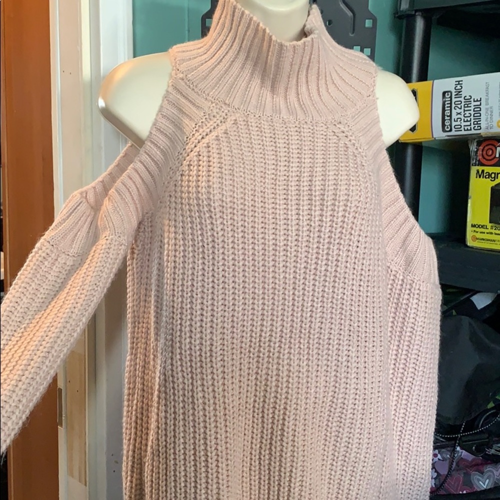 Soft pink cold shoulder turtleneck sweater
